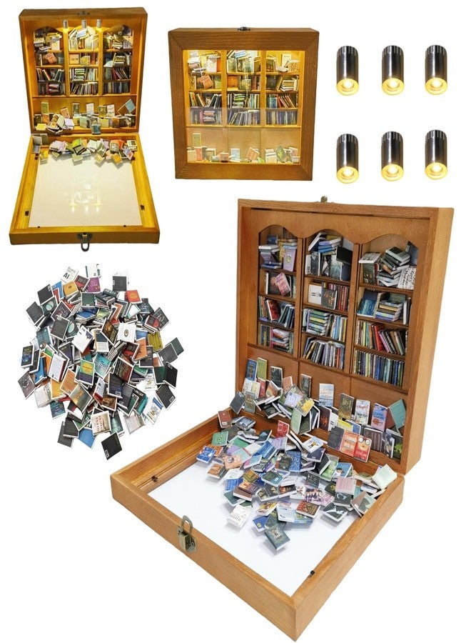 Silanit 10.2 x 9.1 x 3.1 in Anxiety Bookshelf with 400 Mini Book Pieces includes 6 Decorative Mini Lights, Miniature Bookshelf for Tiny Home, Library Decor, Book Organizer for Office Desk, Bookish Spaces - Image 1